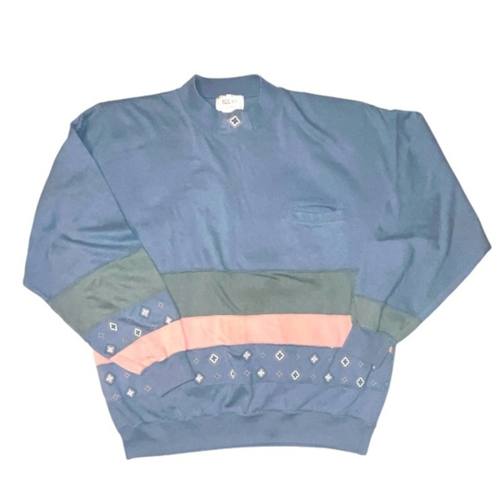 Vintage 80s 62 East Colorblock Long Sleeve Shirt Mock Neck Blue Pink Size L